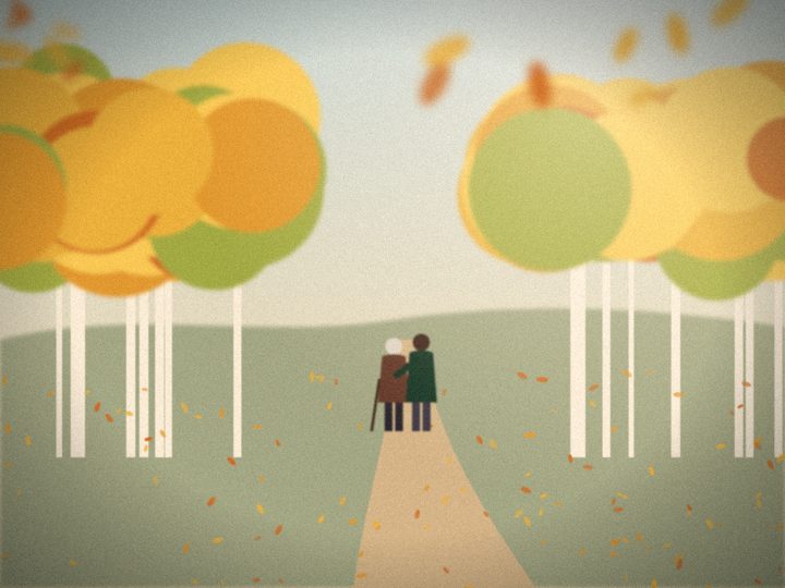 Illustration of two people seen from behind walking arm in arm along a path lined with golden autumn aspens, one using a cane.