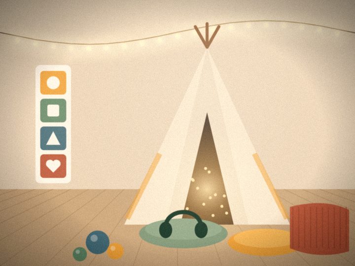 Illustration of a calm play corner with a canvas tent, string lights, floor cushions, headphones and a picture-schedule board.